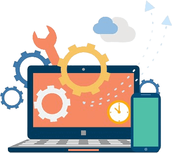 Laptop with gears, wrench, clock and phone